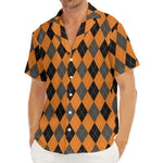 Orange Black And Grey Argyle Print Men's Deep V-Neck Shirt