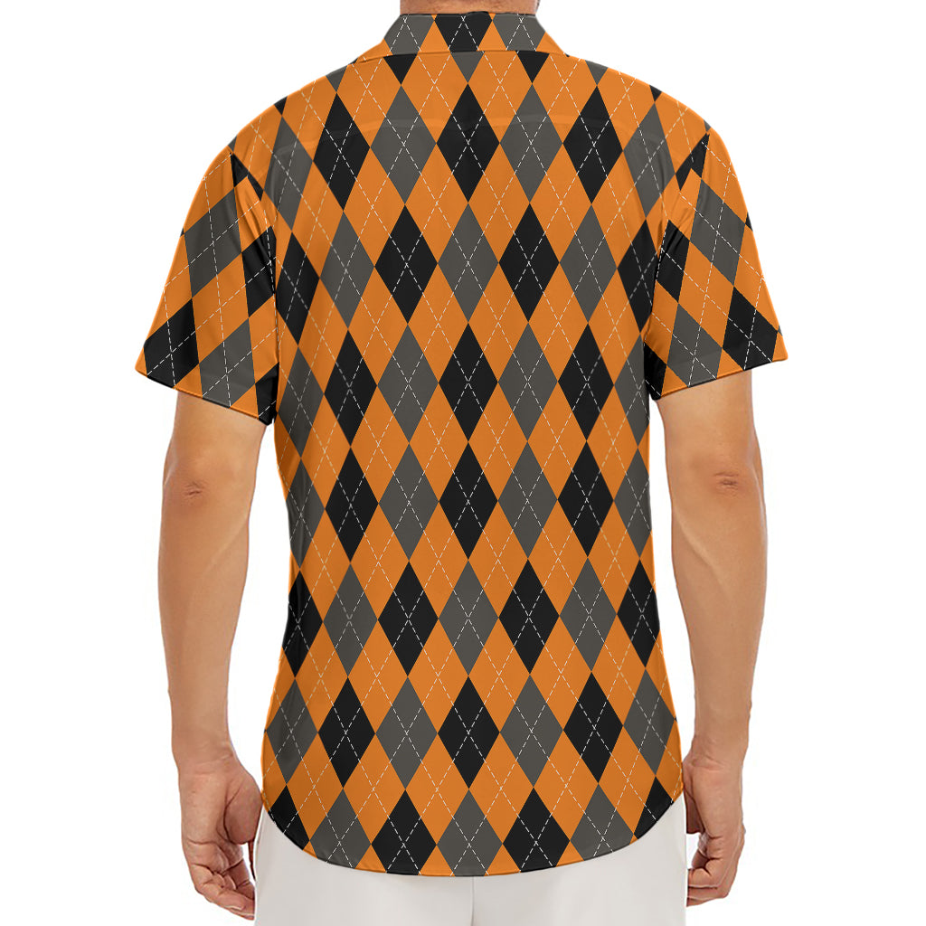 Orange Black And Grey Argyle Print Men's Deep V-Neck Shirt