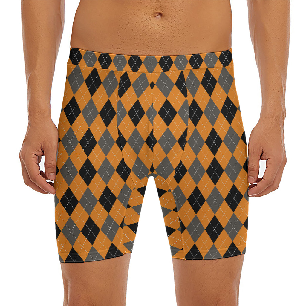 Orange Black And Grey Argyle Print Men's Long Boxer Briefs