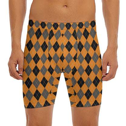 Orange Black And Grey Argyle Print Men's Long Boxer Briefs