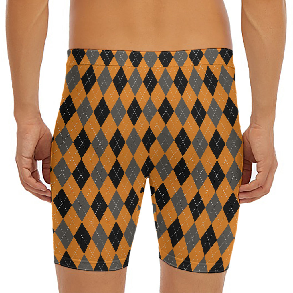 Orange Black And Grey Argyle Print Men's Long Boxer Briefs