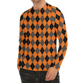 Orange Black And Grey Argyle Print Men's Long Sleeve Rash Guard