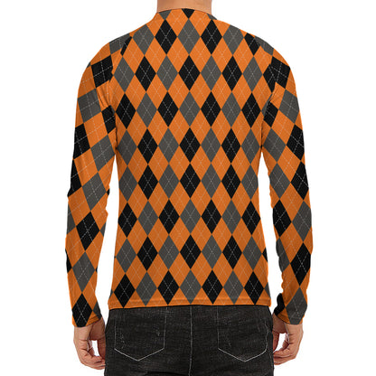 Orange Black And Grey Argyle Print Men's Long Sleeve Rash Guard