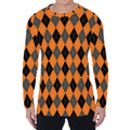 Orange Black And Grey Argyle Print Men's Long Sleeve T-Shirt