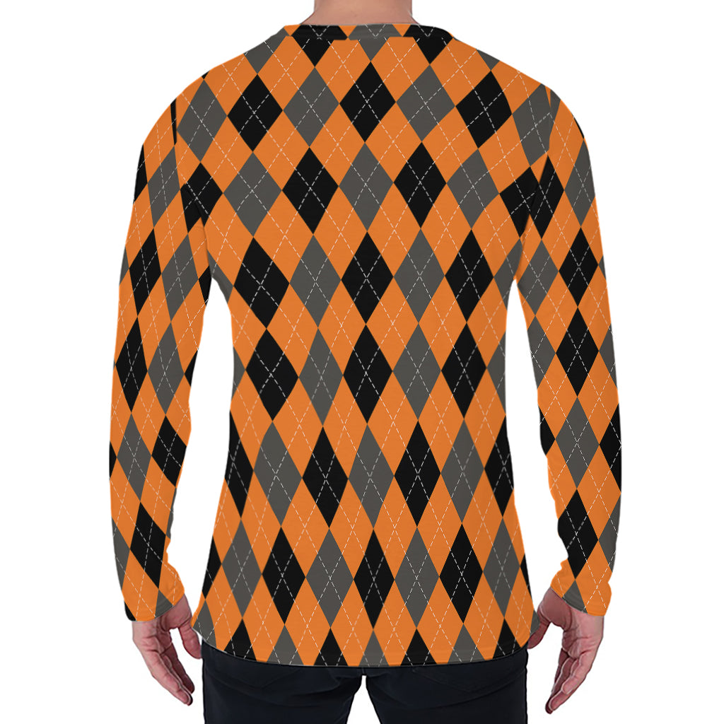 Orange Black And Grey Argyle Print Men's Long Sleeve T-Shirt