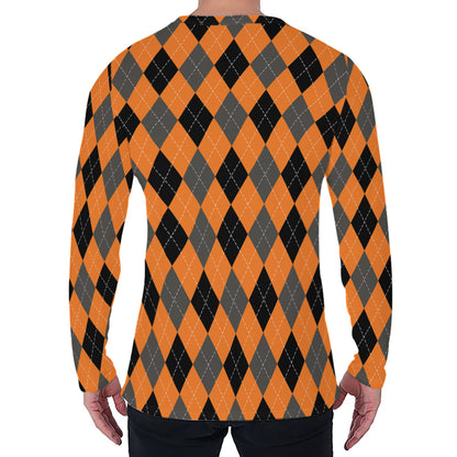 Orange Black And Grey Argyle Print Men's Long Sleeve T-Shirt