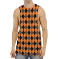 Orange Black And Grey Argyle Print Men's Muscle Tank Top