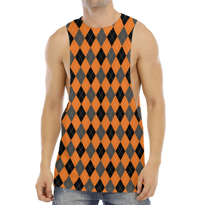 Orange Black And Grey Argyle Print Men's Muscle Tank Top