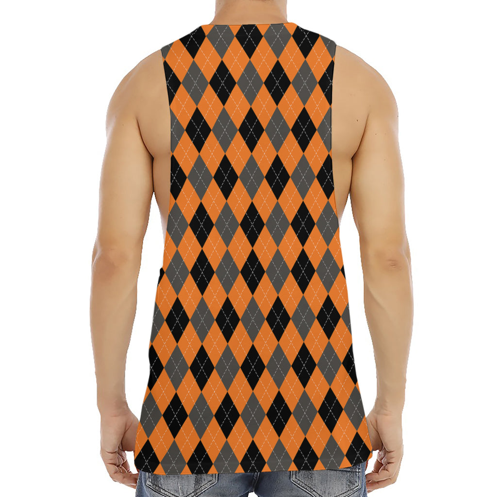 Orange Black And Grey Argyle Print Men's Muscle Tank Top