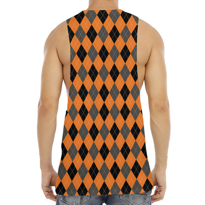 Orange Black And Grey Argyle Print Men's Muscle Tank Top