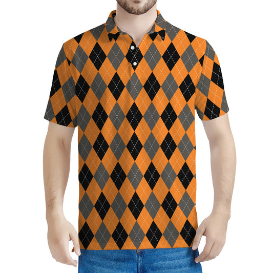 Orange Black And Grey Argyle Print Men's Polo Shirt
