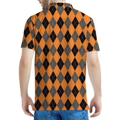 Orange Black And Grey Argyle Print Men's Polo Shirt