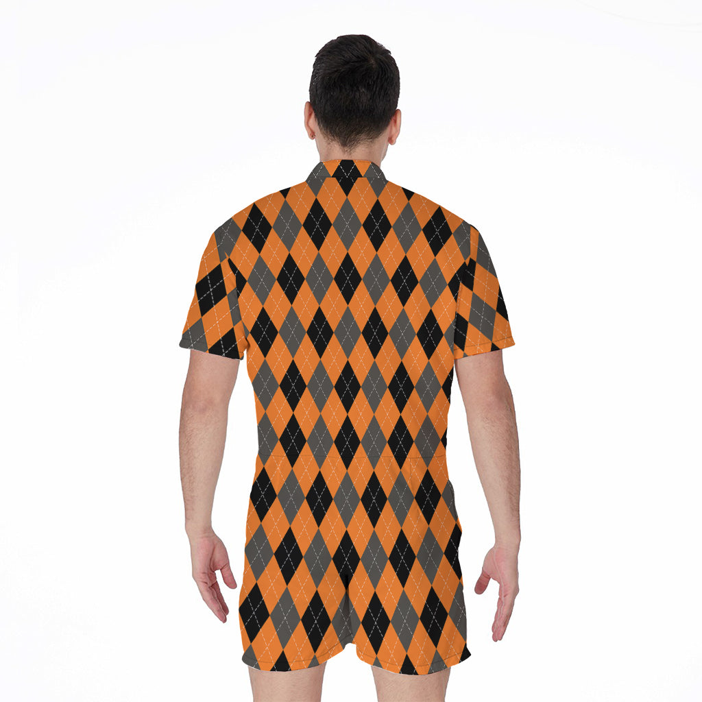 Orange Black And Grey Argyle Print Men's Rompers