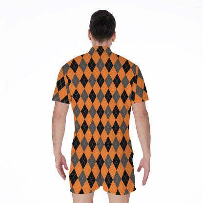 Orange Black And Grey Argyle Print Men's Rompers