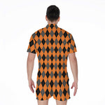Orange Black And Grey Argyle Print Men's Rompers