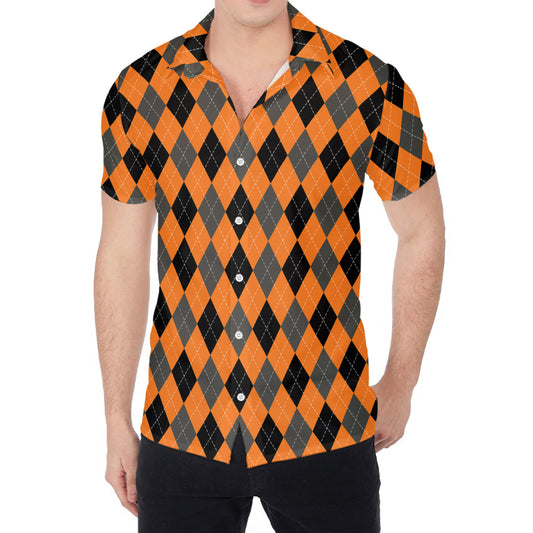 Orange Black And Grey Argyle Print Men's Shirt