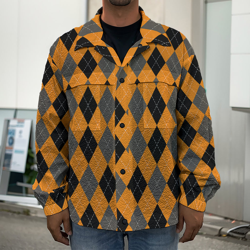 Orange Black And Grey Argyle Print Men's Shirt Jacket