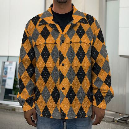 Orange Black And Grey Argyle Print Men's Shirt Jacket