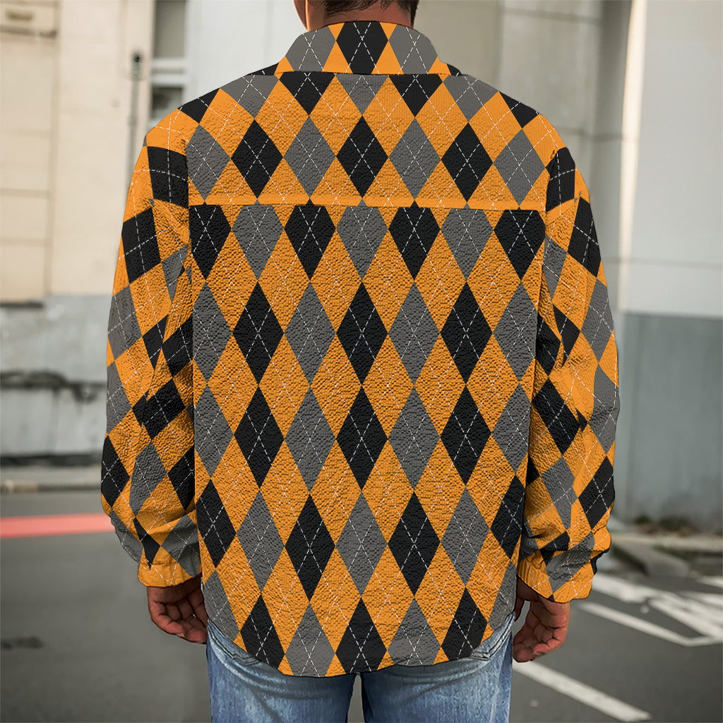 Orange Black And Grey Argyle Print Men's Shirt Jacket