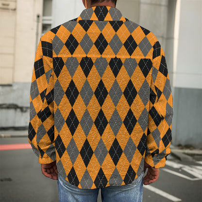 Orange Black And Grey Argyle Print Men's Shirt Jacket