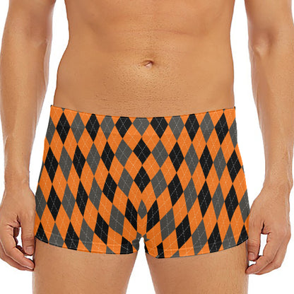 Orange Black And Grey Argyle Print Men's Short Boxer Briefs