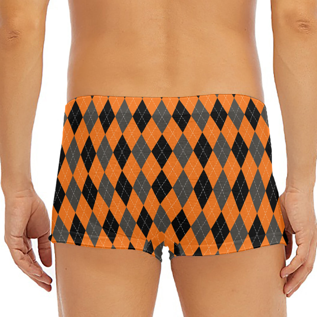 Orange Black And Grey Argyle Print Men's Short Boxer Briefs