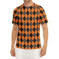 Orange Black And Grey Argyle Print Men's Short Sleeve Rash Guard