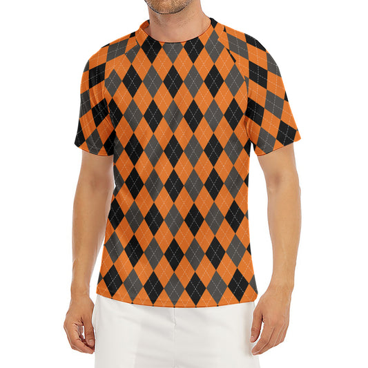Orange Black And Grey Argyle Print Men's Short Sleeve Rash Guard