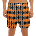Orange Black And Grey Argyle Print Men's Split Running Shorts