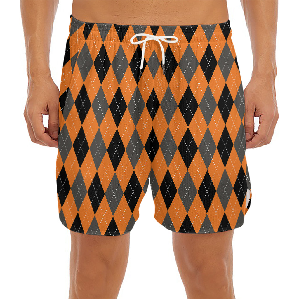 Orange Black And Grey Argyle Print Men's Split Running Shorts
