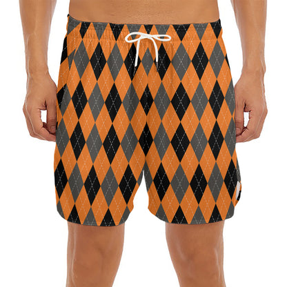 Orange Black And Grey Argyle Print Men's Split Running Shorts