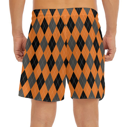 Orange Black And Grey Argyle Print Men's Split Running Shorts