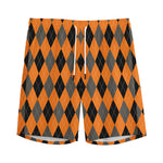 Orange Black And Grey Argyle Print Men's Sports Shorts