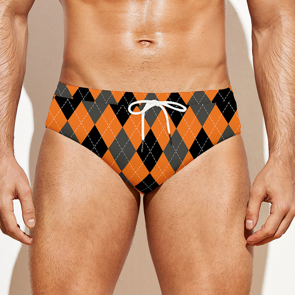 Orange Black And Grey Argyle Print Men's Swim Briefs
