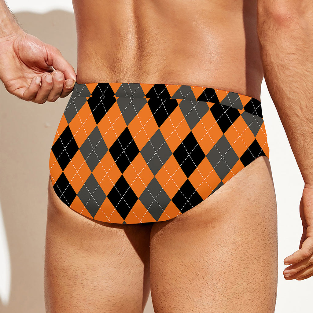 Orange Black And Grey Argyle Print Men's Swim Briefs