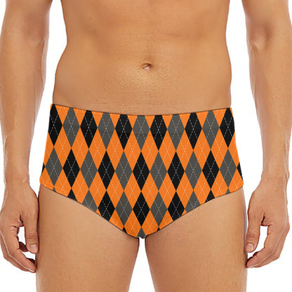 Orange Black And Grey Argyle Print Men's Triangle Swim Briefs