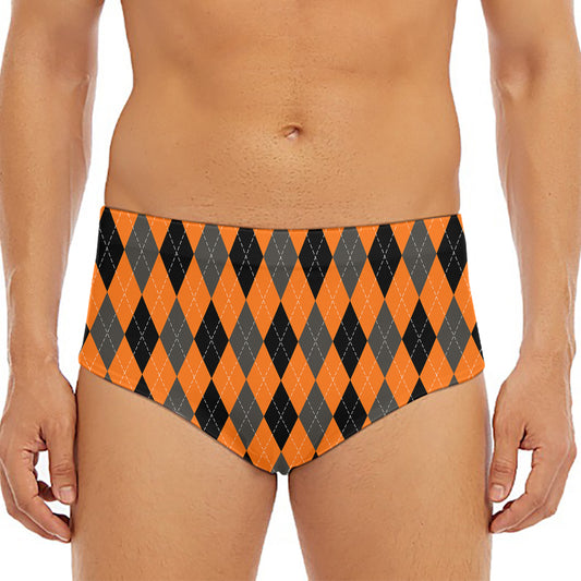 Orange Black And Grey Argyle Print Men's Triangle Swim Briefs
