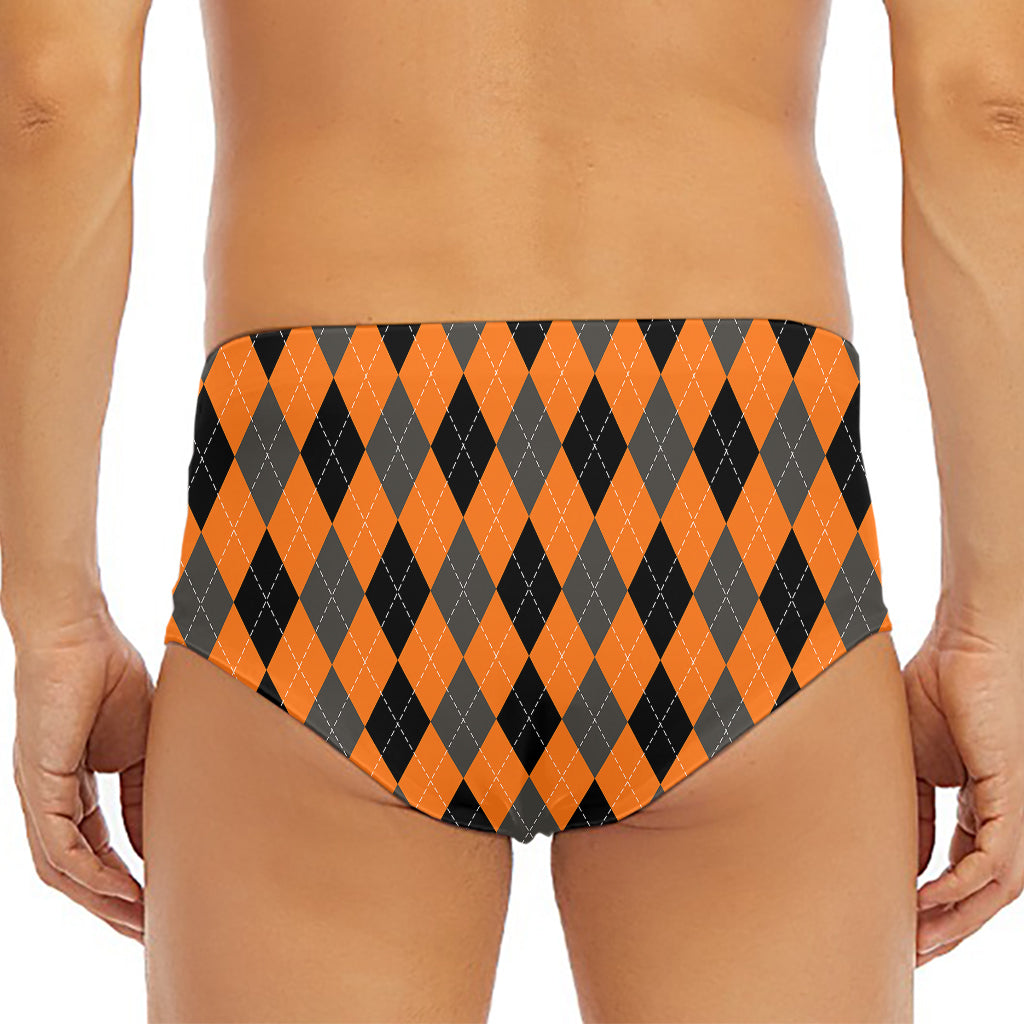 Orange Black And Grey Argyle Print Men's Triangle Swim Briefs