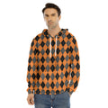 Orange Black And Grey Argyle Print Men's Velvet Pullover Hoodie