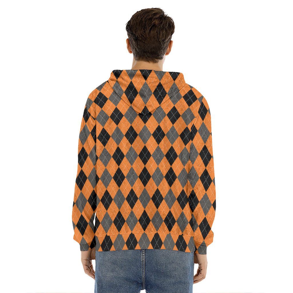 Orange Black And Grey Argyle Print Men's Velvet Pullover Hoodie