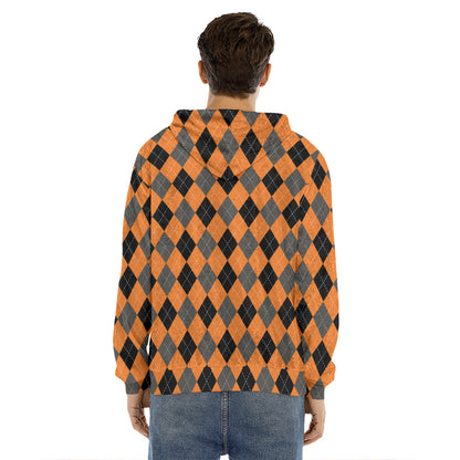 Orange Black And Grey Argyle Print Men's Velvet Pullover Hoodie
