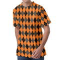 Orange Black And Grey Argyle Print Men's Velvet T-Shirt