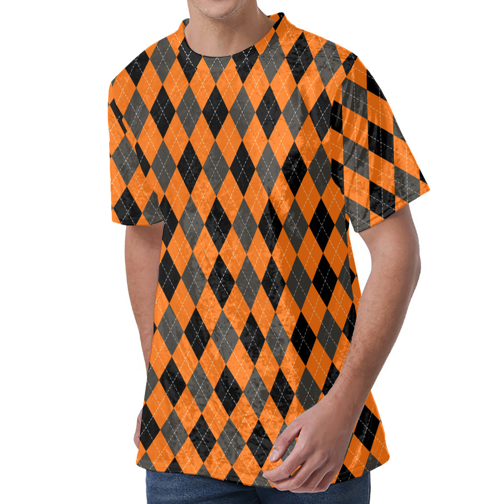 Orange Black And Grey Argyle Print Men's Velvet T-Shirt