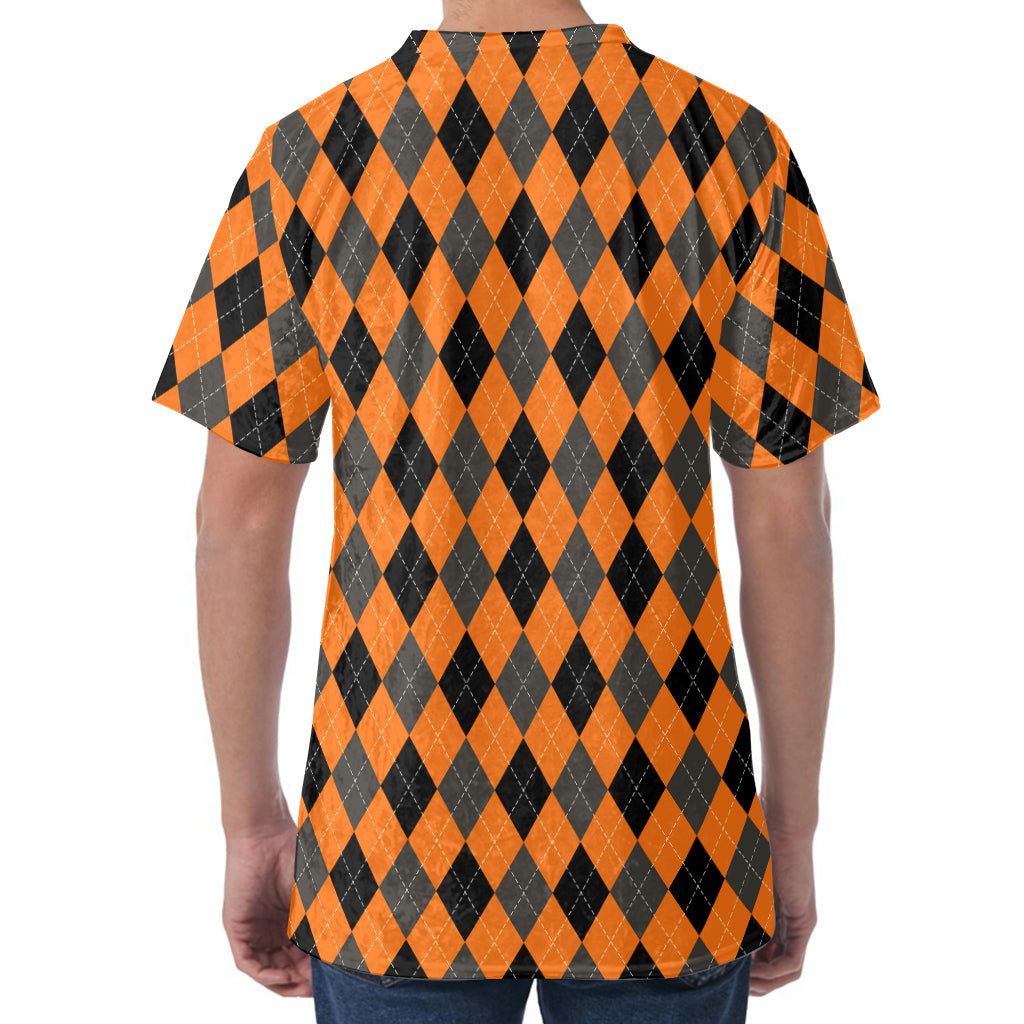 Orange Black And Grey Argyle Print Men's Velvet T-Shirt
