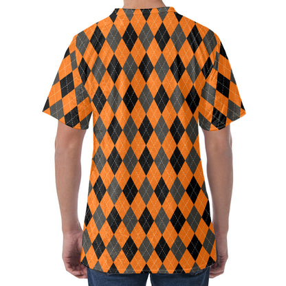 Orange Black And Grey Argyle Print Men's Velvet T-Shirt