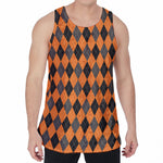 Orange Black And Grey Argyle Print Men's Velvet Tank Top