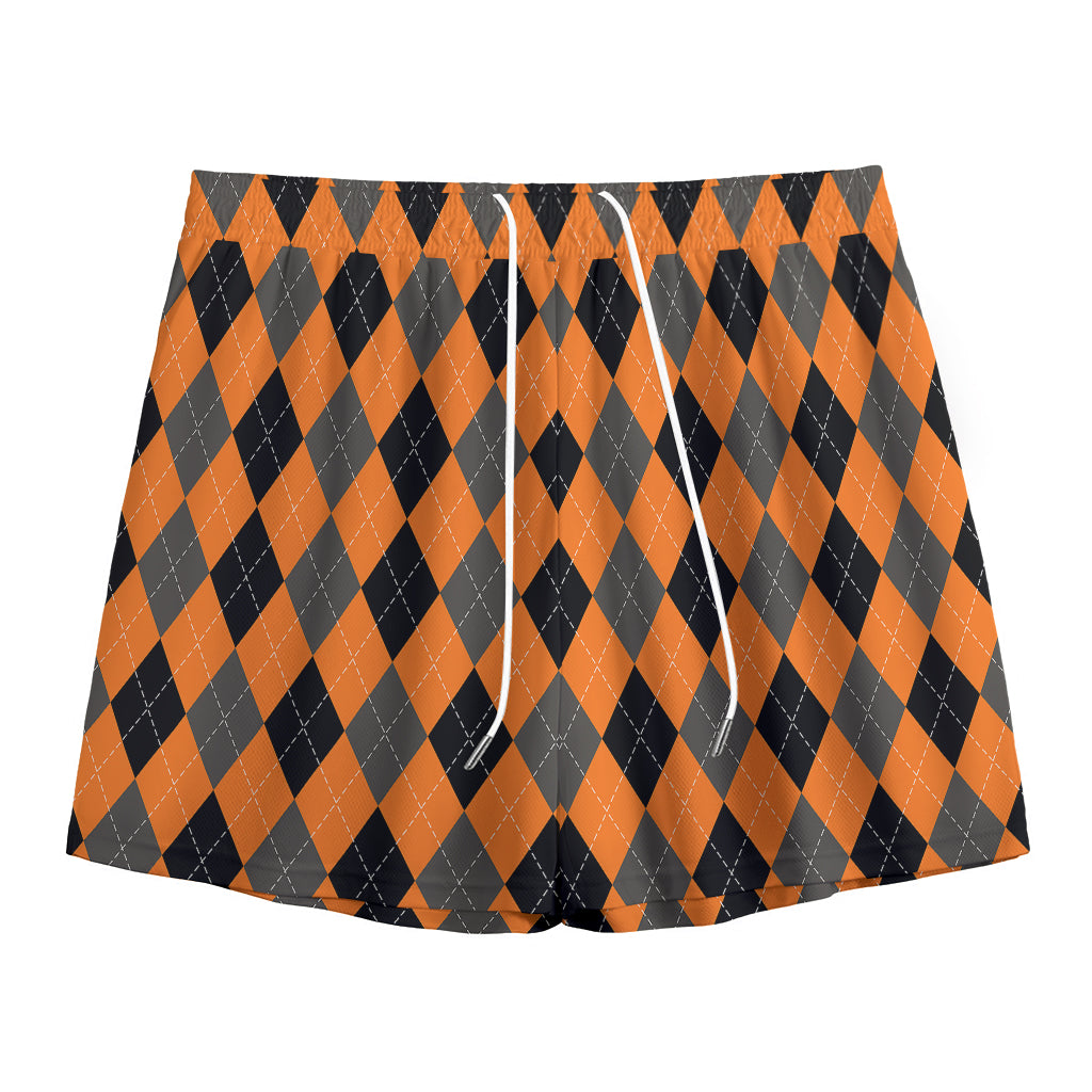 Orange Black And Grey Argyle Print Mesh Shorts