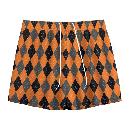 Orange Black And Grey Argyle Print Mesh Shorts