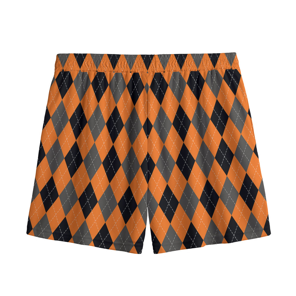Orange Black And Grey Argyle Print Mesh Shorts