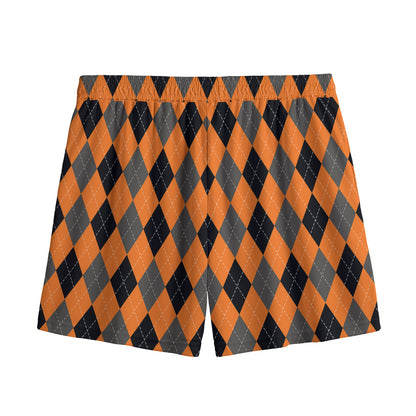 Orange Black And Grey Argyle Print Mesh Shorts